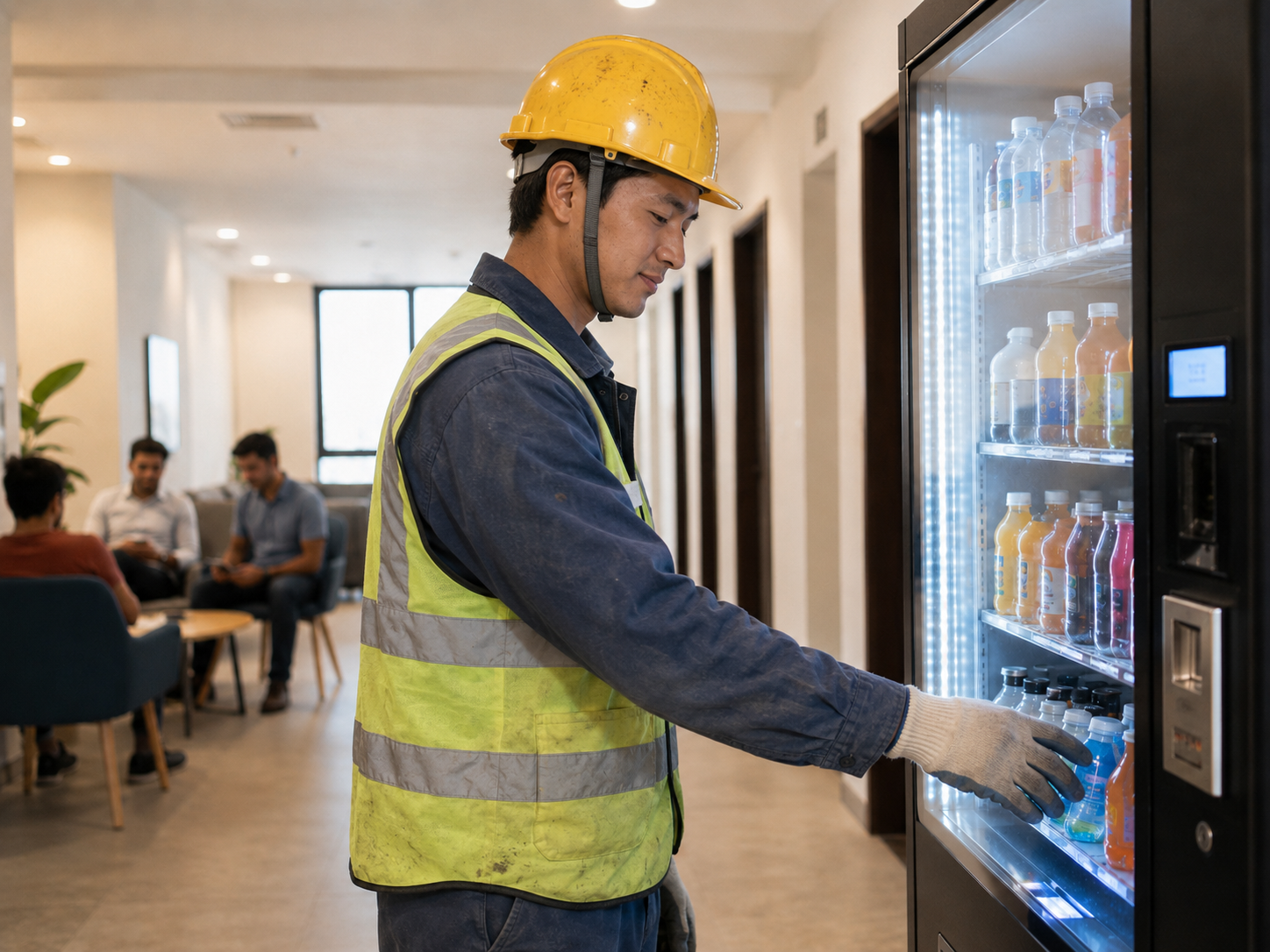 Worker using a vending machine in a dormitory common area