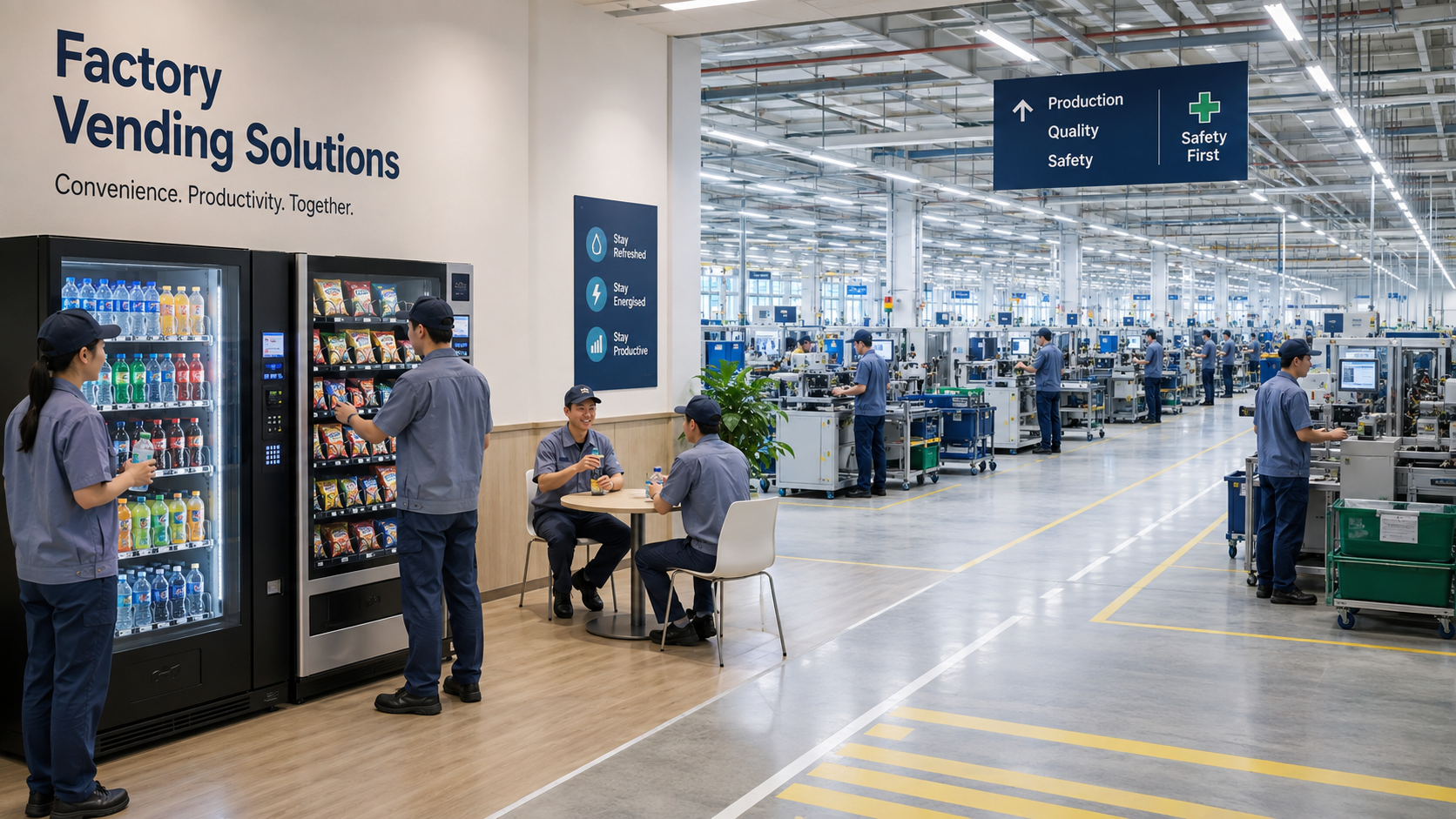 Factory production environment with vending and employee break area